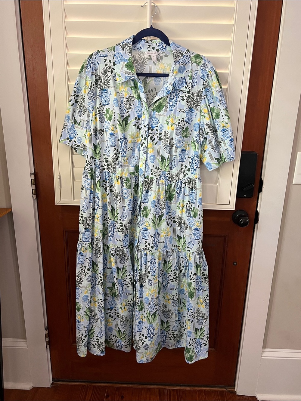 Crown & Ivy Light Blue Floral Tiered Midi Dress with Green and Yellow Accents